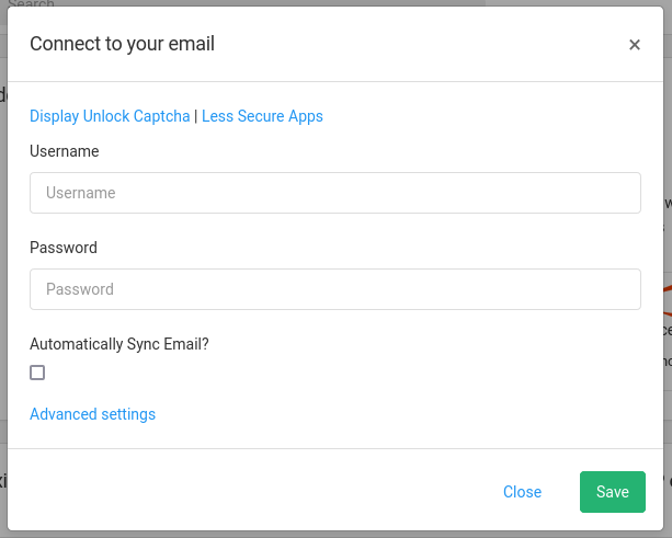 Add a new email account modal window